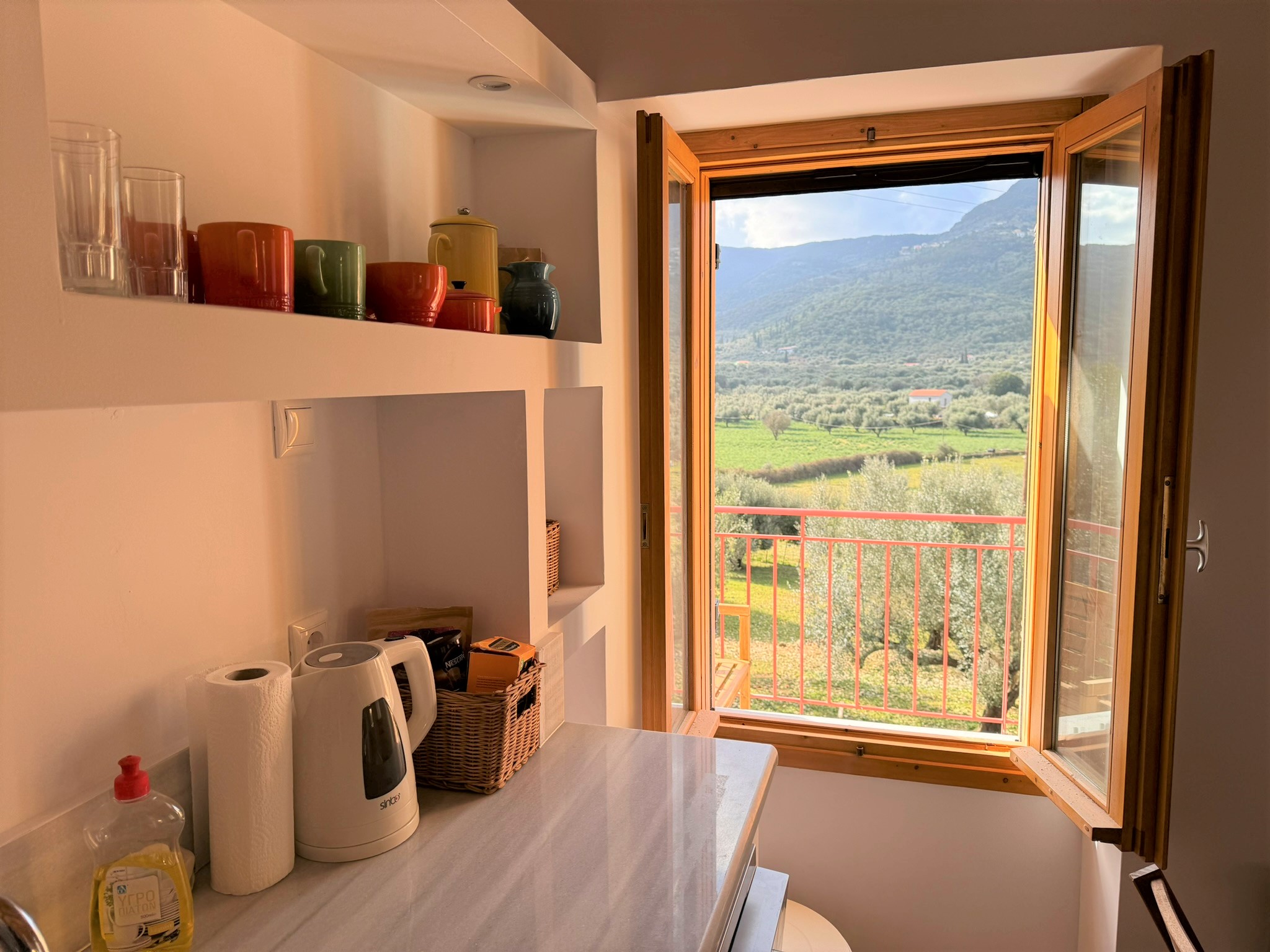 Kitchen window views of house for rent on Ithaca Greece, Vathi