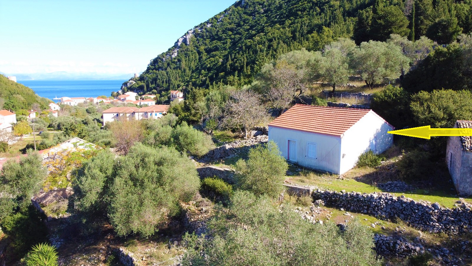 Aerial views and location of house and land for sale in Ithaca Greece Frikes