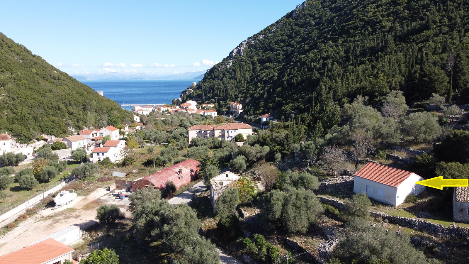 Aerial views and location of house with land for sale in Ithaca Greece Frikes