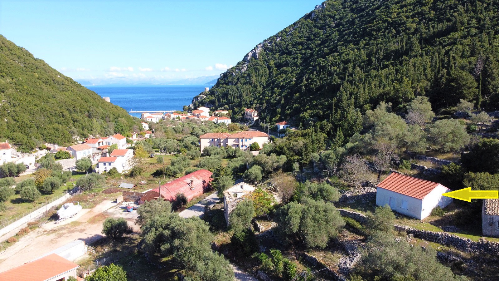 Aerial views and location of house and land for sale in Ithaca Greece Frikes