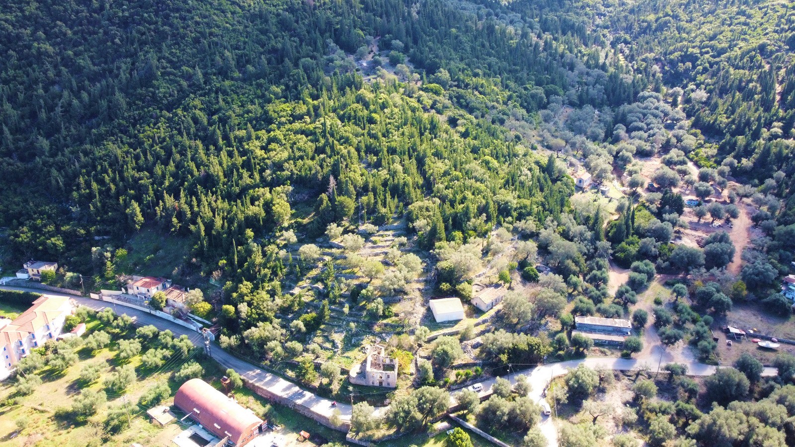 Aerial views of house with land for sale in Ithaca Greece Frikes