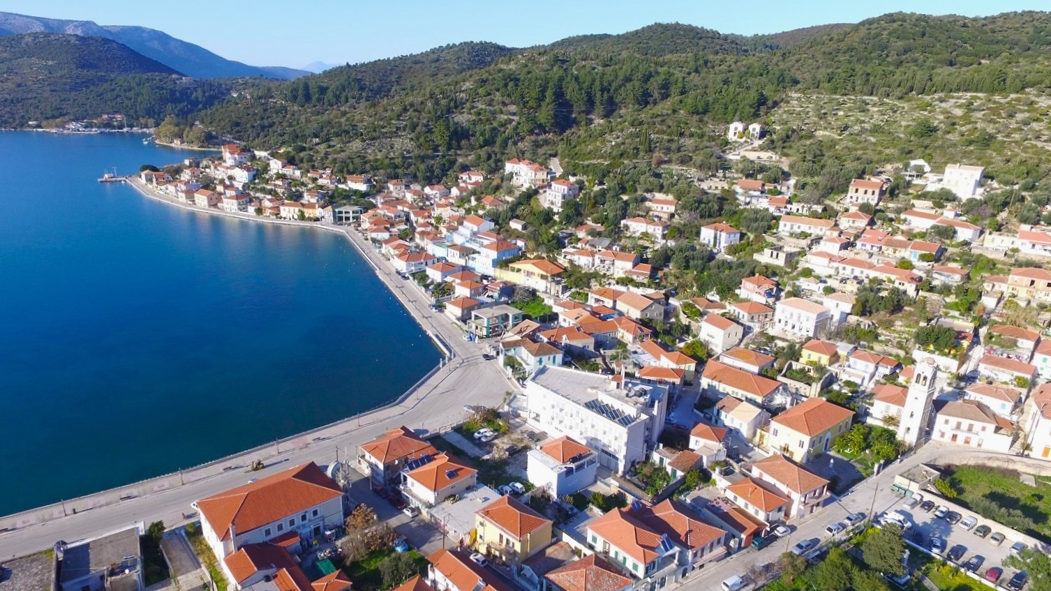 Aerial views of land with building license for sale in Ithaca Greece, Vathi