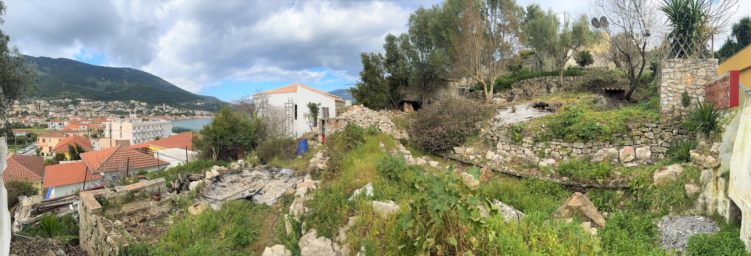 Panoramic pic of land with building license for sale in Ithaca Greece, Vathi
