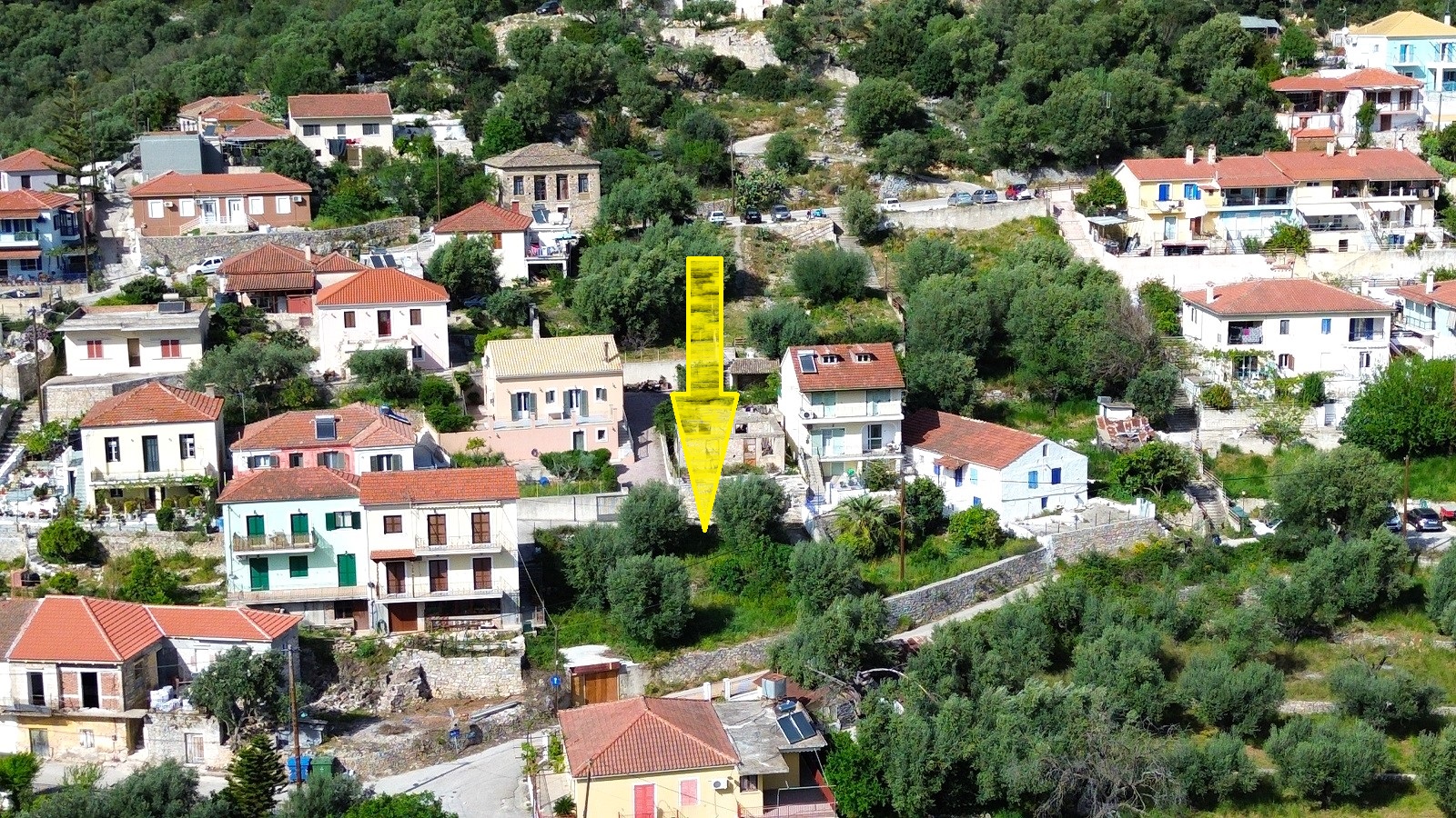 Aerial view and location of land with building permit for sale in Ithaca Greece, Vathi