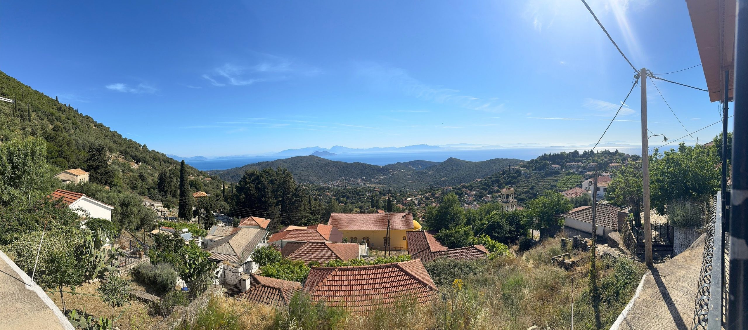 Panoramic view from balcony of house for sale in Ithaca Greece Perachori
