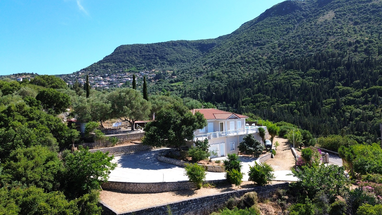 Aerial views of villa with pool for rent in Ithaca Greece Perachori