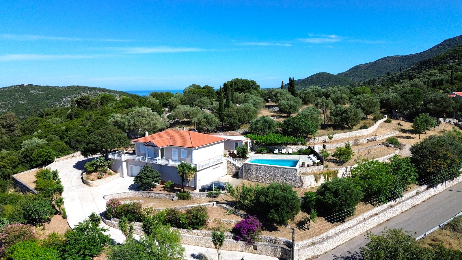 Aerial views of villa with pool for rent in Ithaca Greece Perachori
