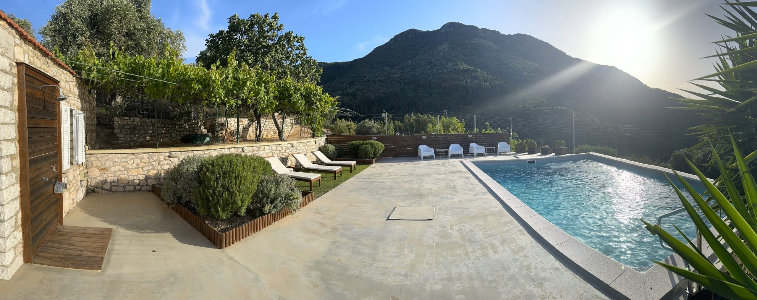 Panoramic view of pool area of villa for rent in Ithaca Greece Perachori