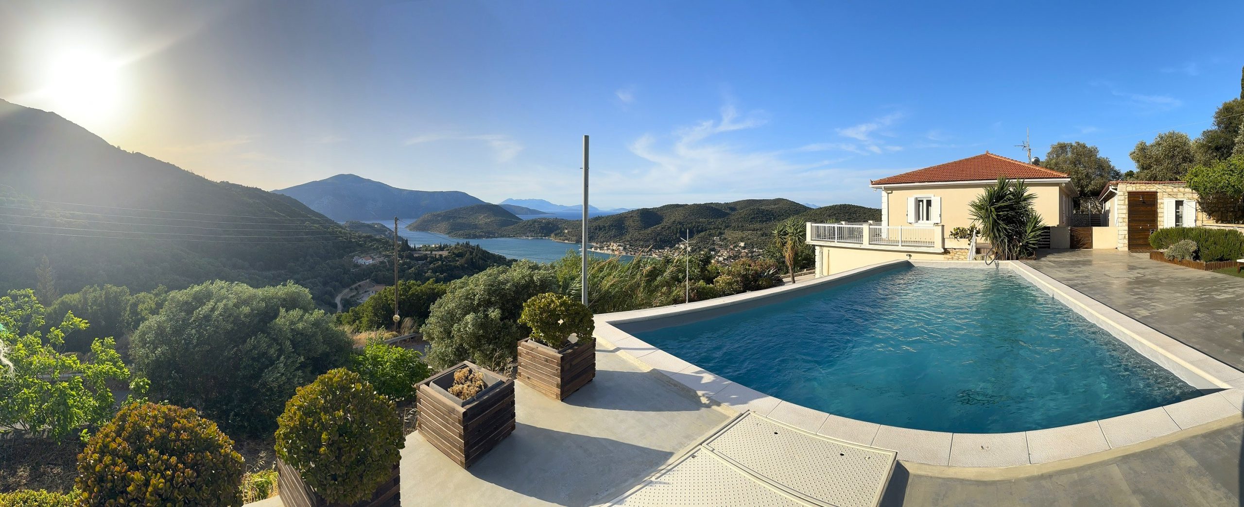 Panoramic view of villa with pool for rent in Ithaca Greece Perachori