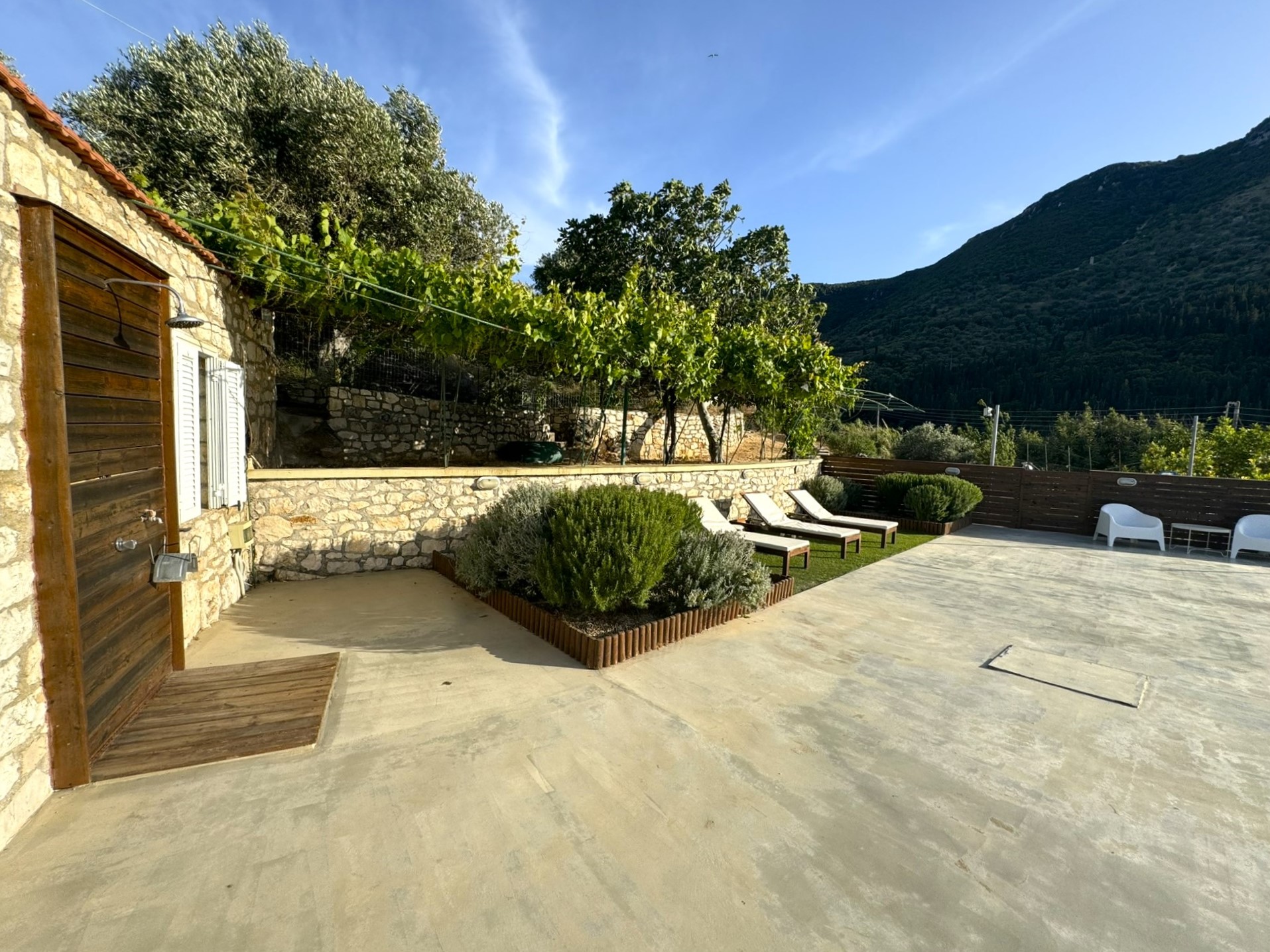 Pool shower area of villa for rent in Ithaca Greece Perachori