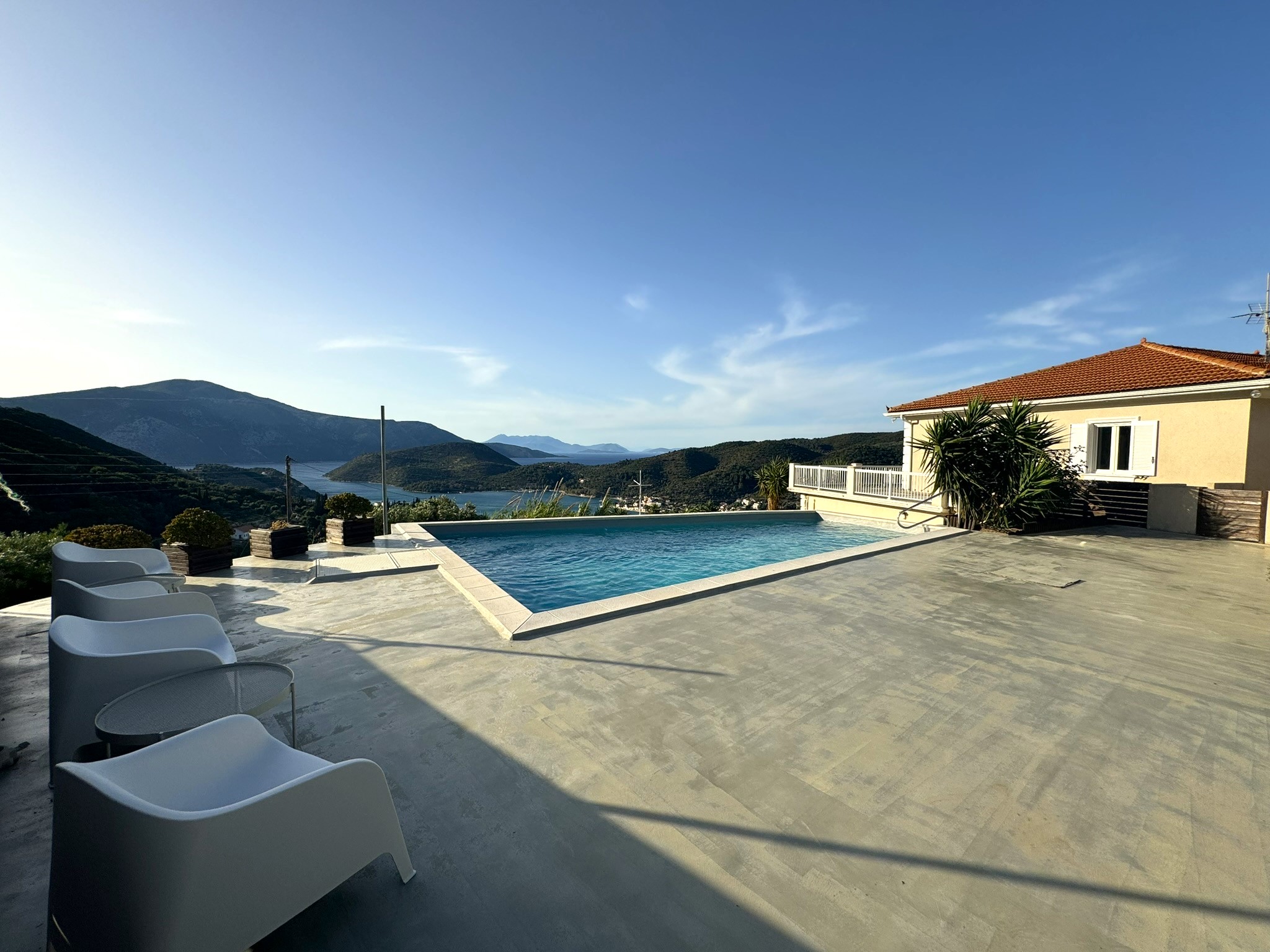 Pool area and views of villa for rent in Ithaca Greece Perachori