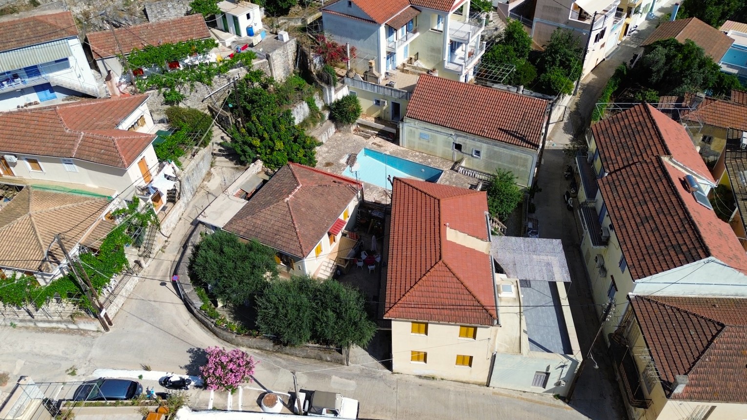 Aerial views of house and apartments for sale in Ithaca Greece Vathi