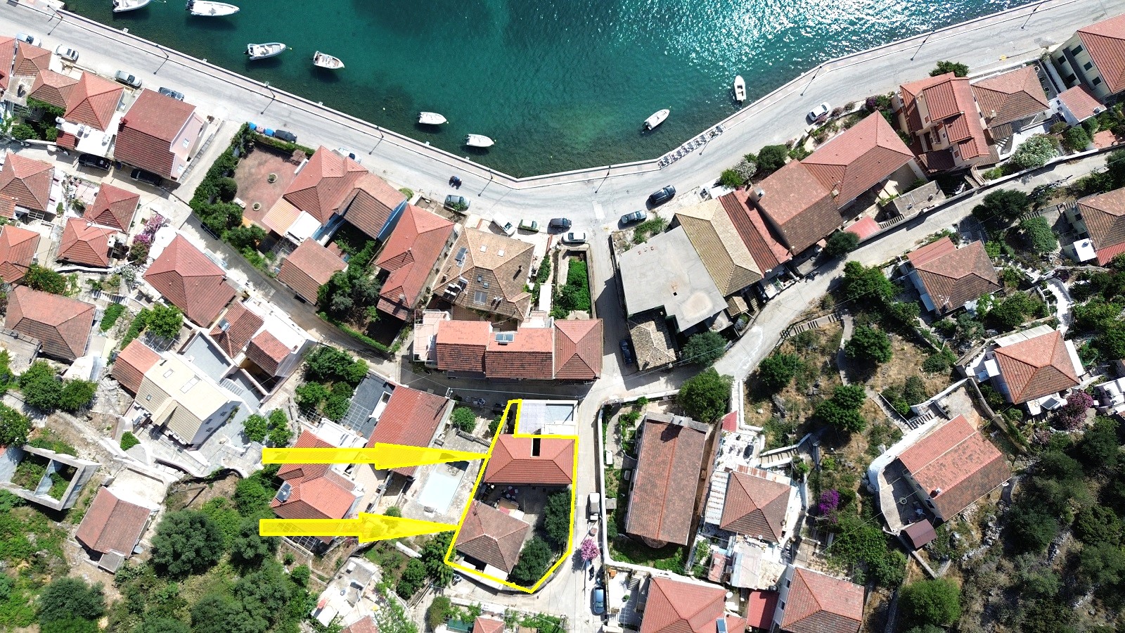 Aerial view with location and border of house and apartments for sale in Ithaca Greece Vathi