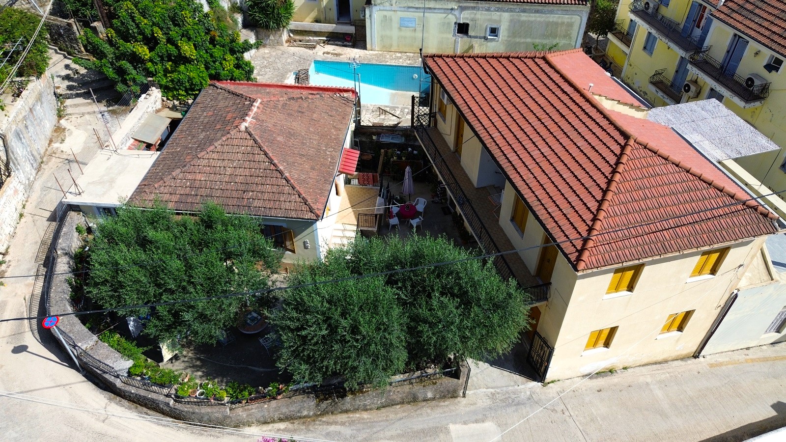 Aerial views of house and apartments for sale in Ithaca Greece Vathi