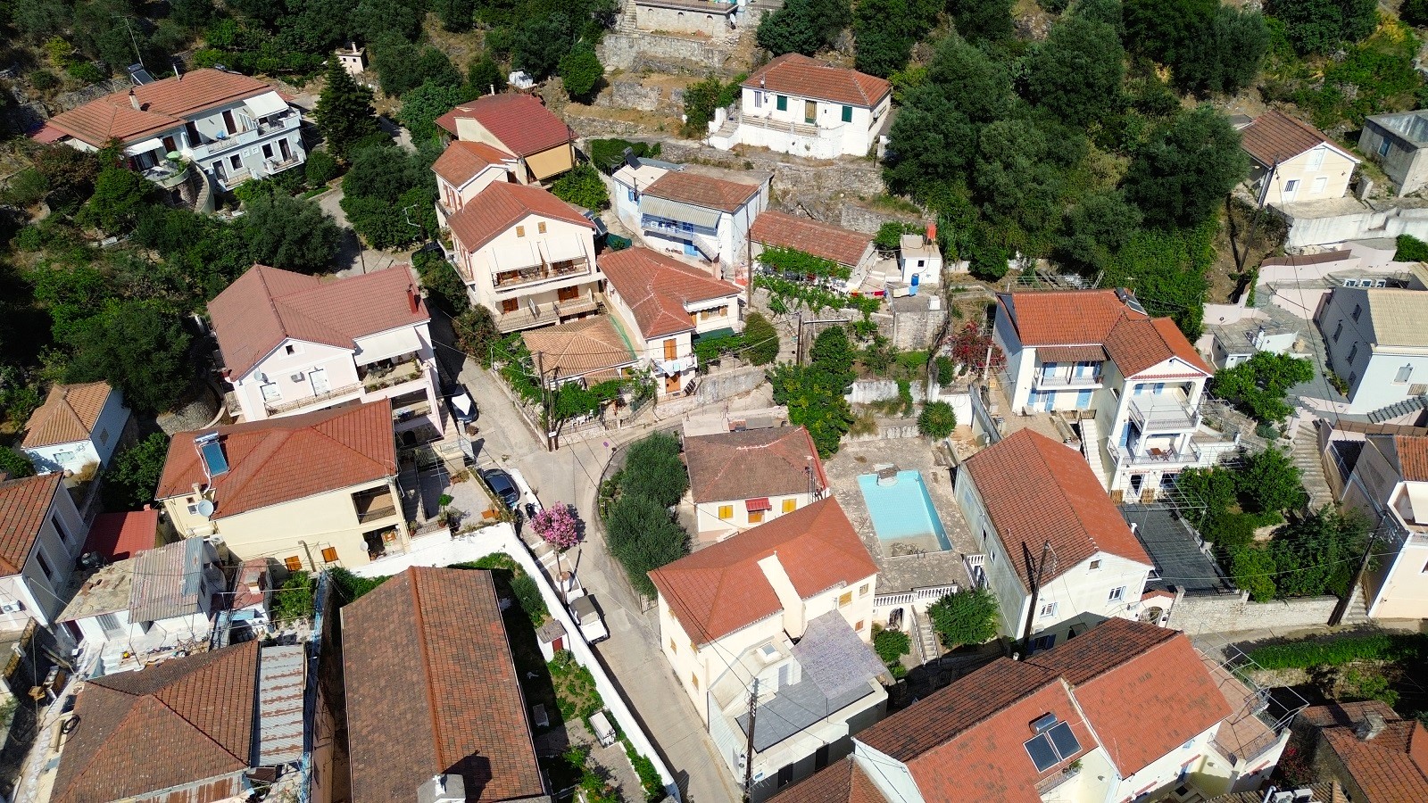 Aerial views of house and apartments for sale in Ithaca Greece Vathi