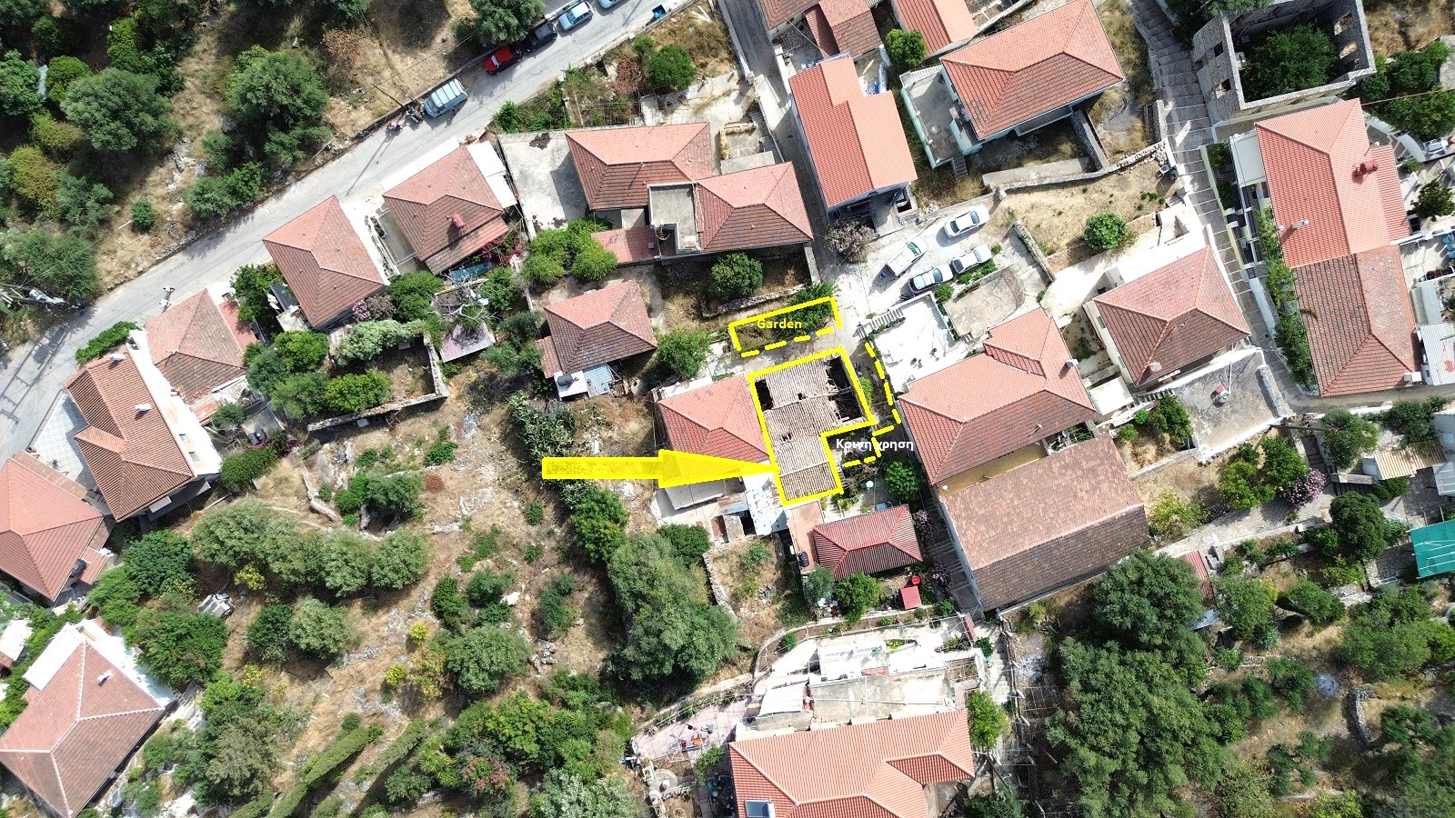 Aerial views with location and border of house for sale in Ithaca Greece Vathi