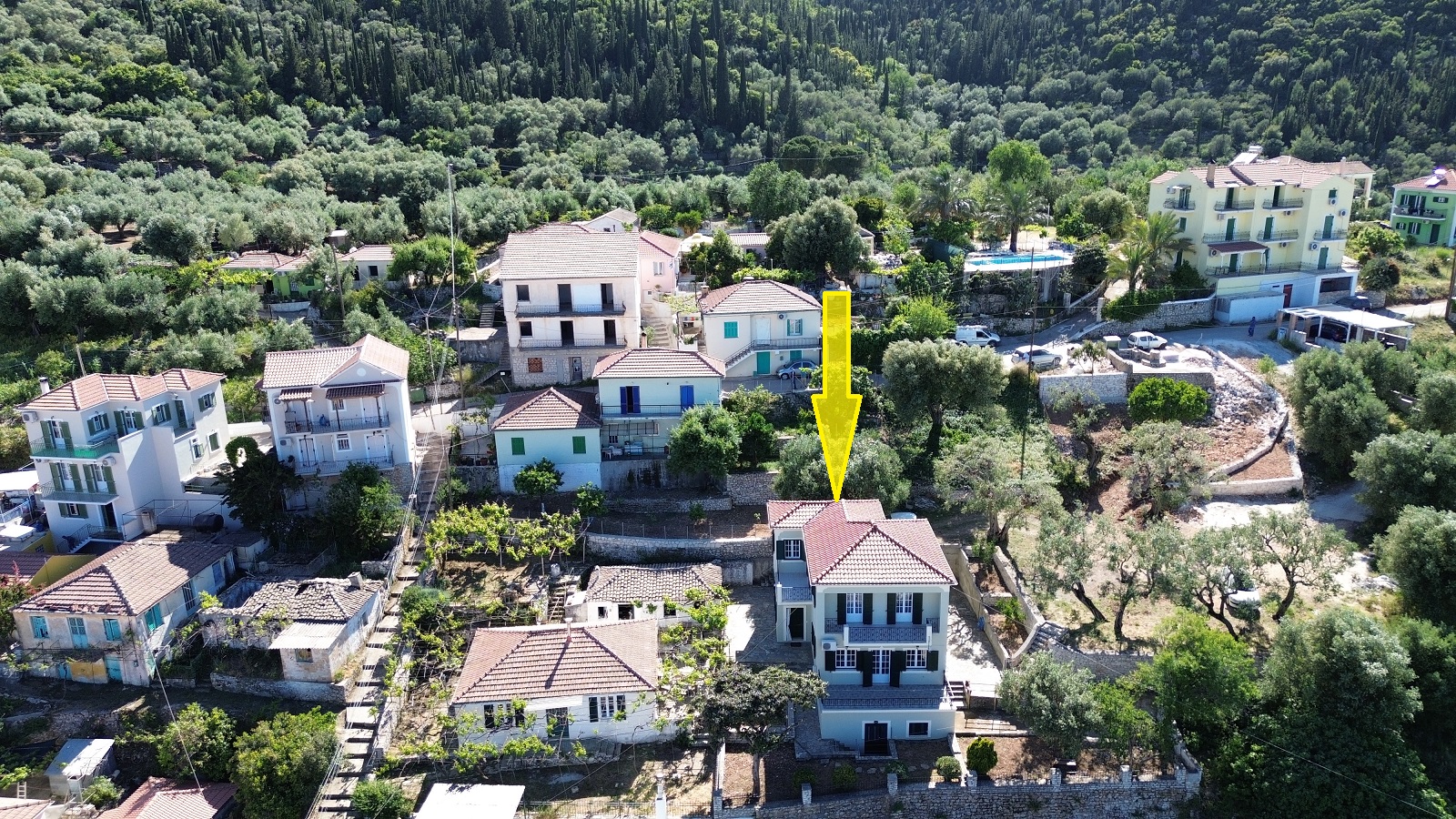 Aerial view and location of house for sale in Ithaca Greece Vathi