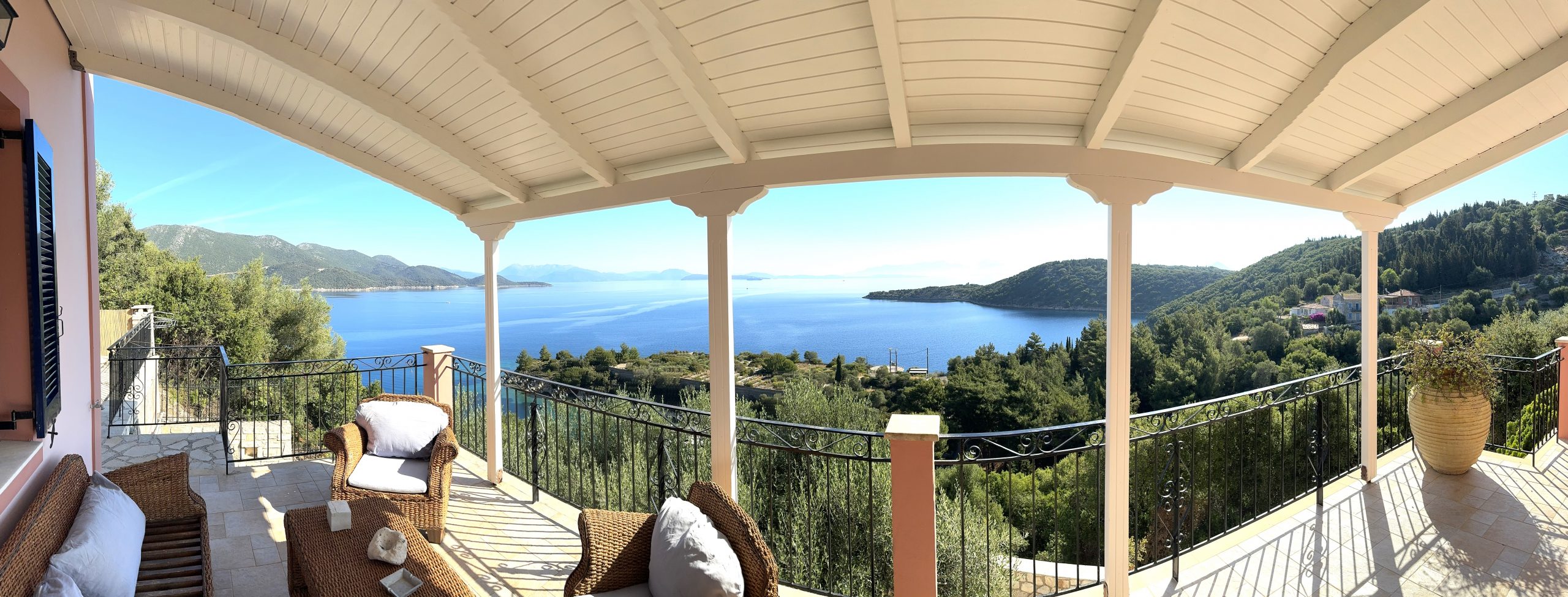 Panoramic view from balcony of house for sale in Ithaca Greece Kioni