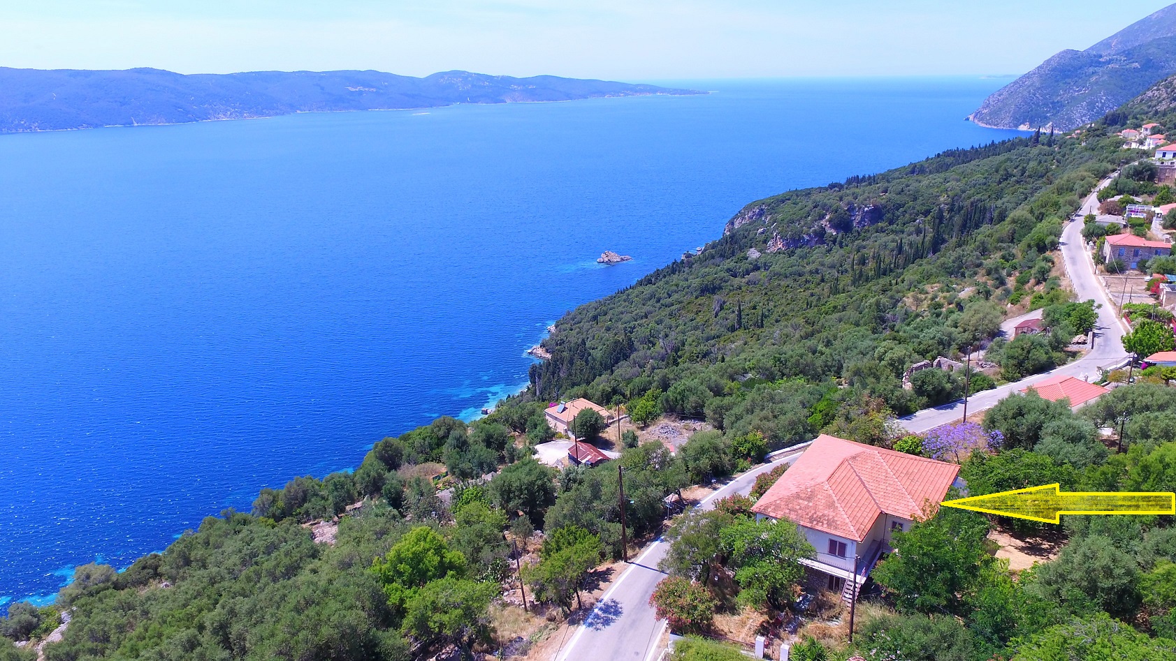 Aerial view and location of house for sale in Ithaca Greece Lefki