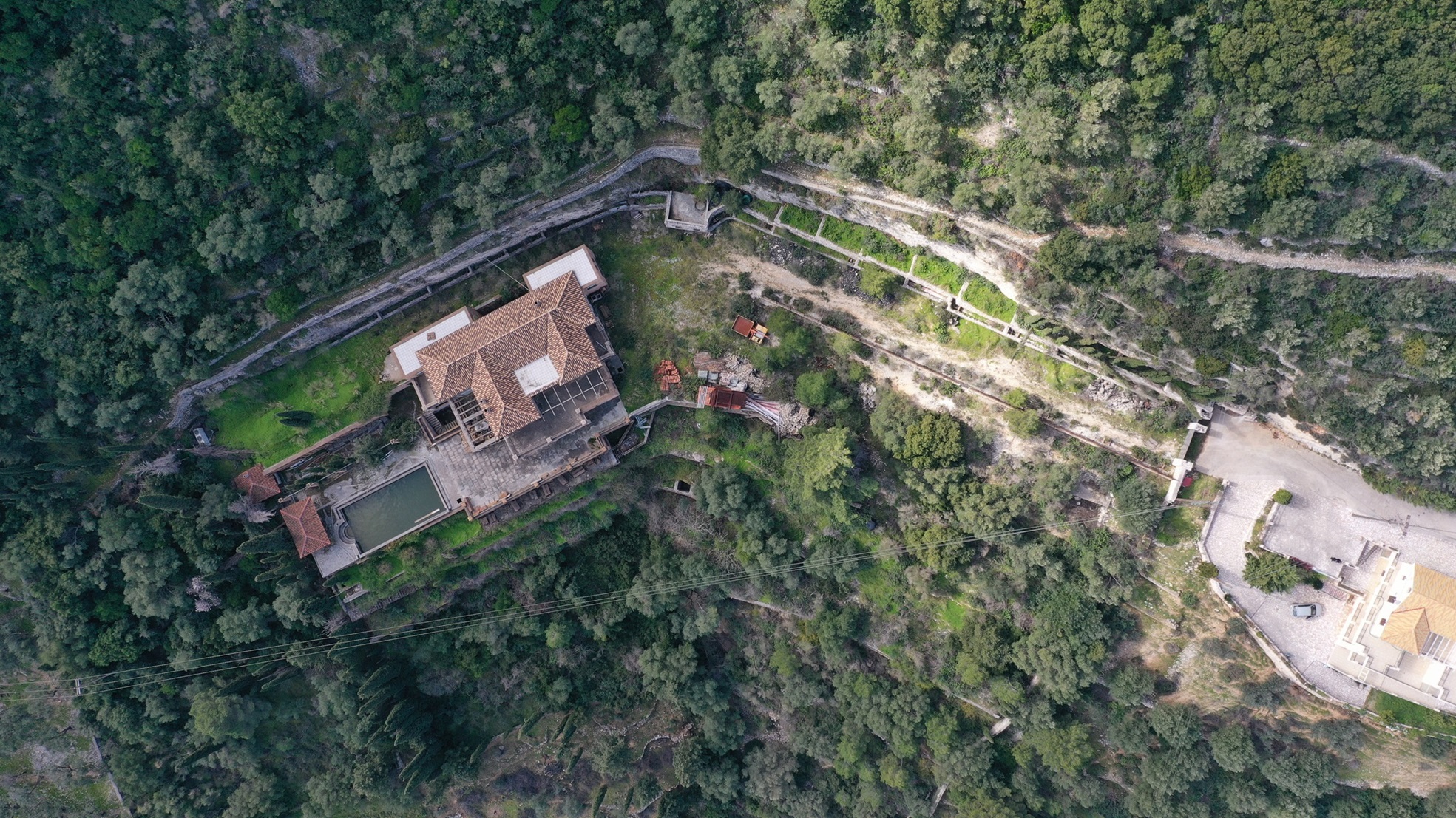 Aerial views of boutique hotel for sale in Ithaca Greece Vathi