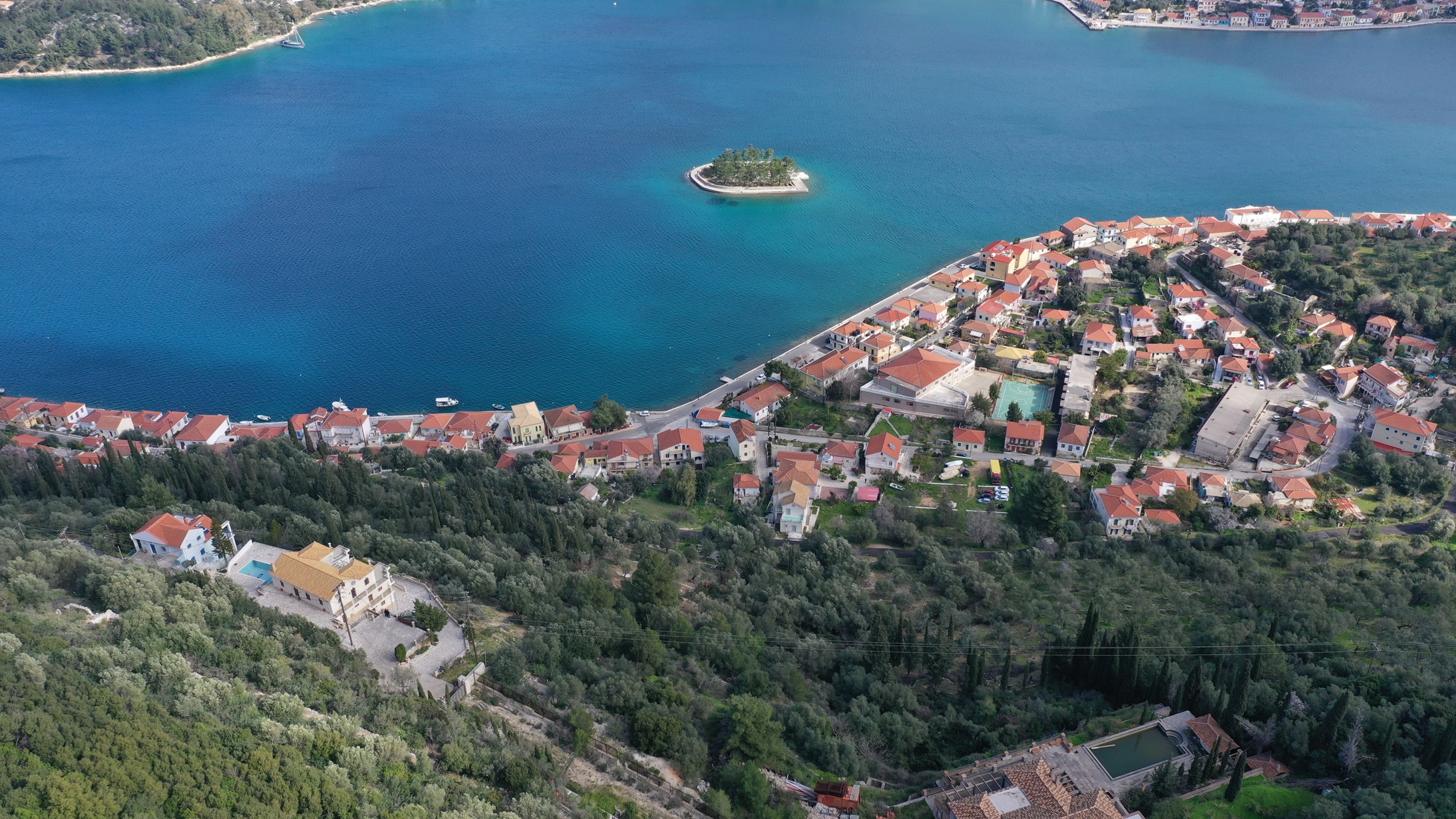 Aerial views of boutique hotel for sale in Ithaca Greece Vathi