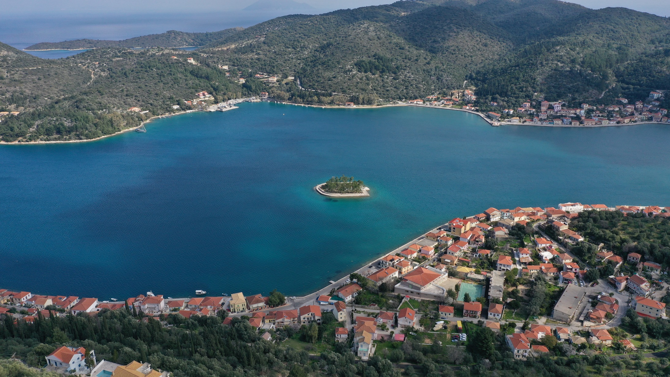 Aerial views of boutique hotel for sale in Ithaca Greece Vathi