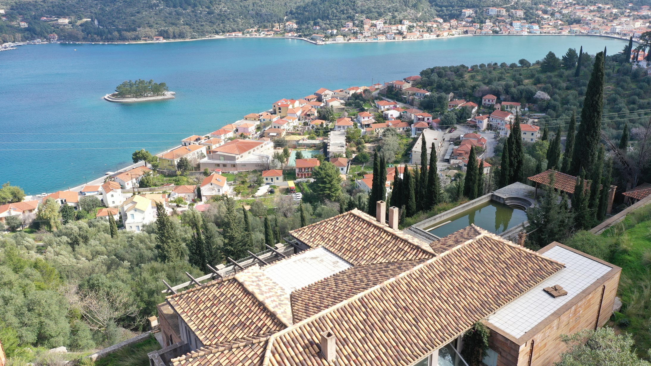 Aerial views of boutique hotel for sale in Ithaca Greece Vathi