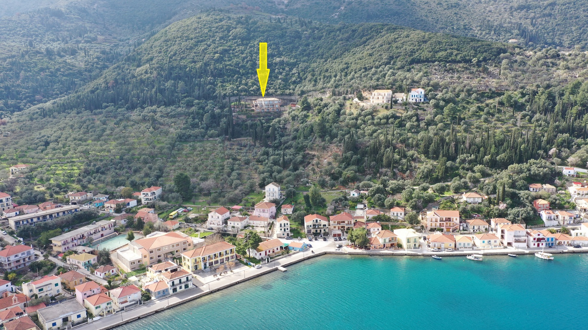 Aerial view and location of boutique hotel for sale in Ithaca Greece Vathi