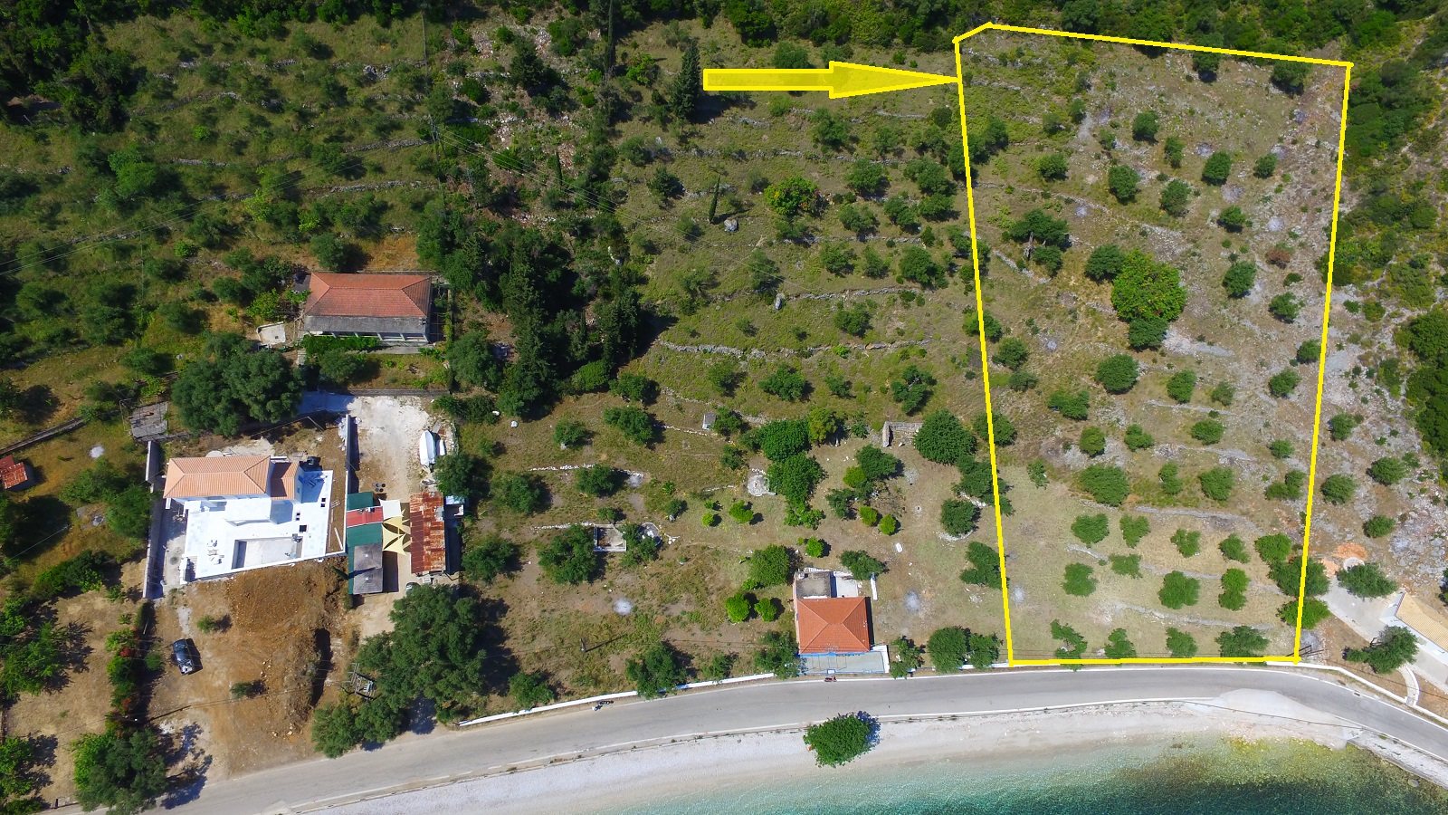 Aerial view with border and location of land for sale in Ithaca Greece Brosta Aetos