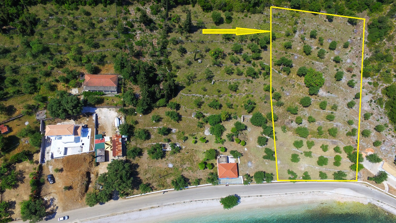 Aerial view with border and location of land for sale in Ithaca Greece Brosta Aetos