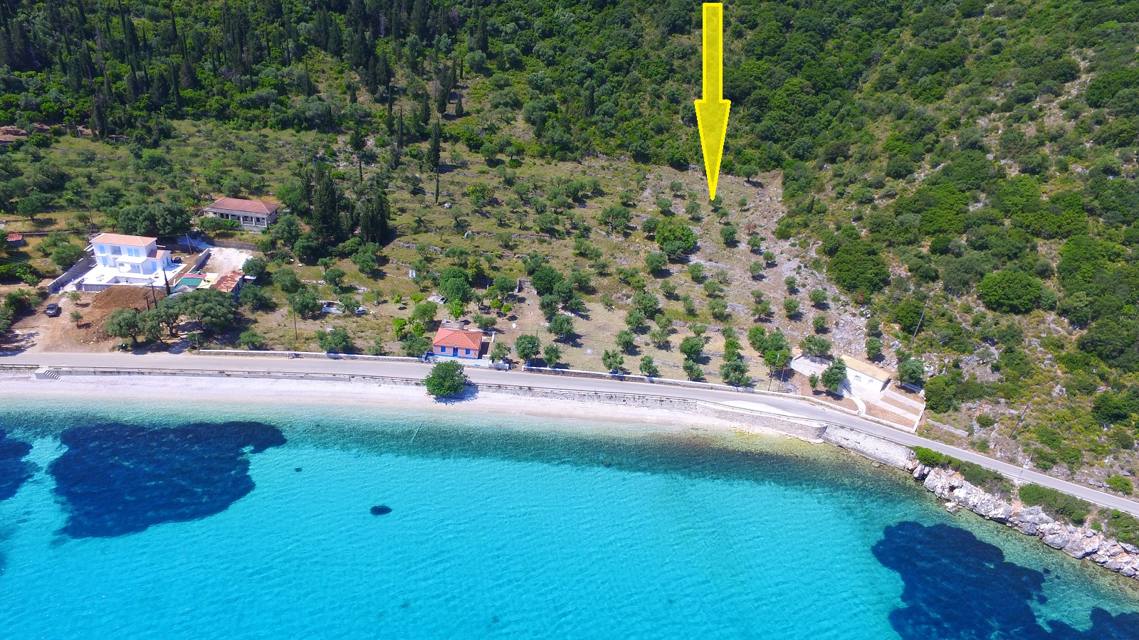 Aerial view and location of land for sale in Ithaca Greece Brosta Aetos