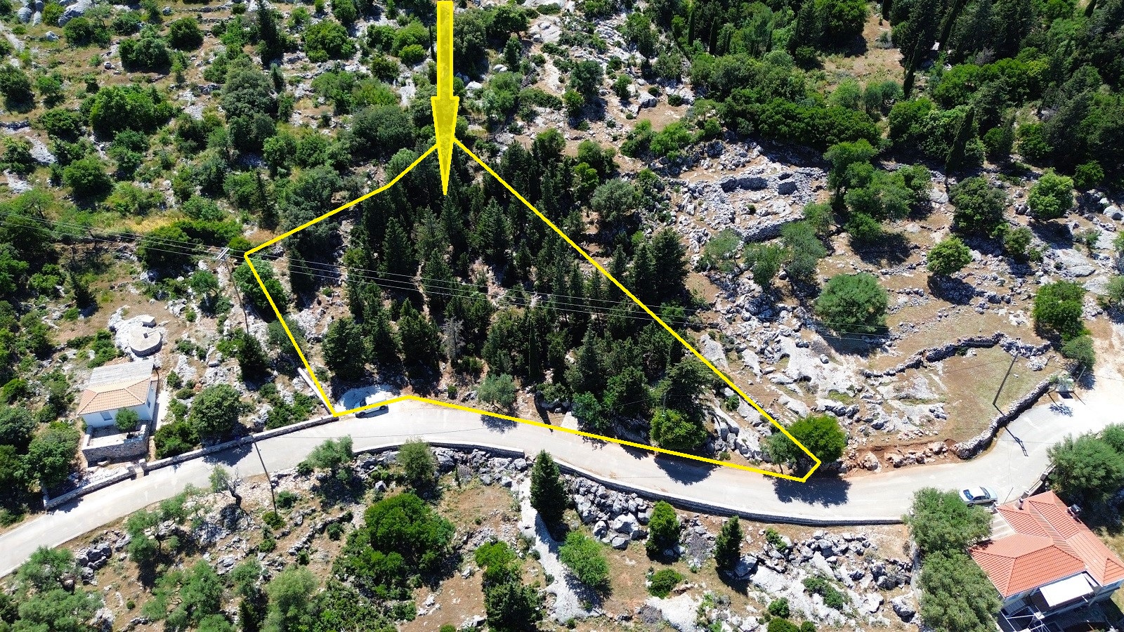 Aerial view with border and location of land for sale in Ithaca Greece Anoghi