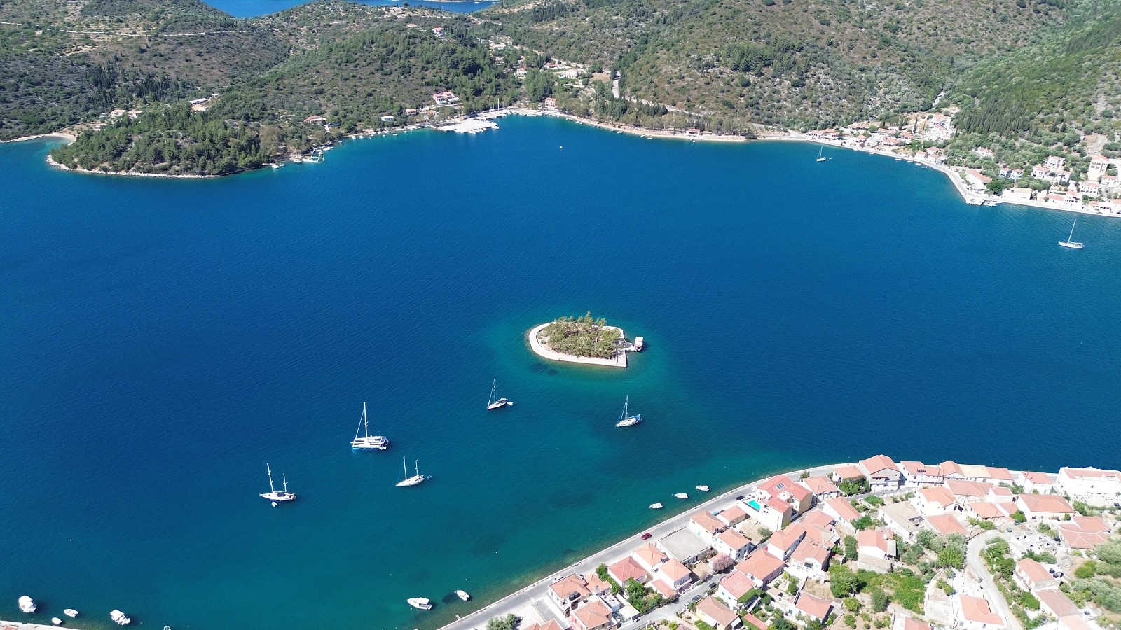 Aerial view of bay with apartment complex for sale in Ithaca Greece Vathi