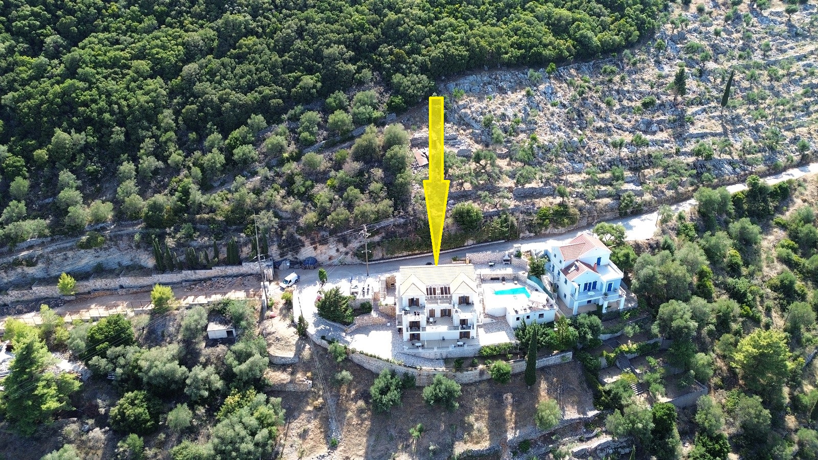 Aerial view and location of apartment complex for sale in Ithaca Greece Vathi