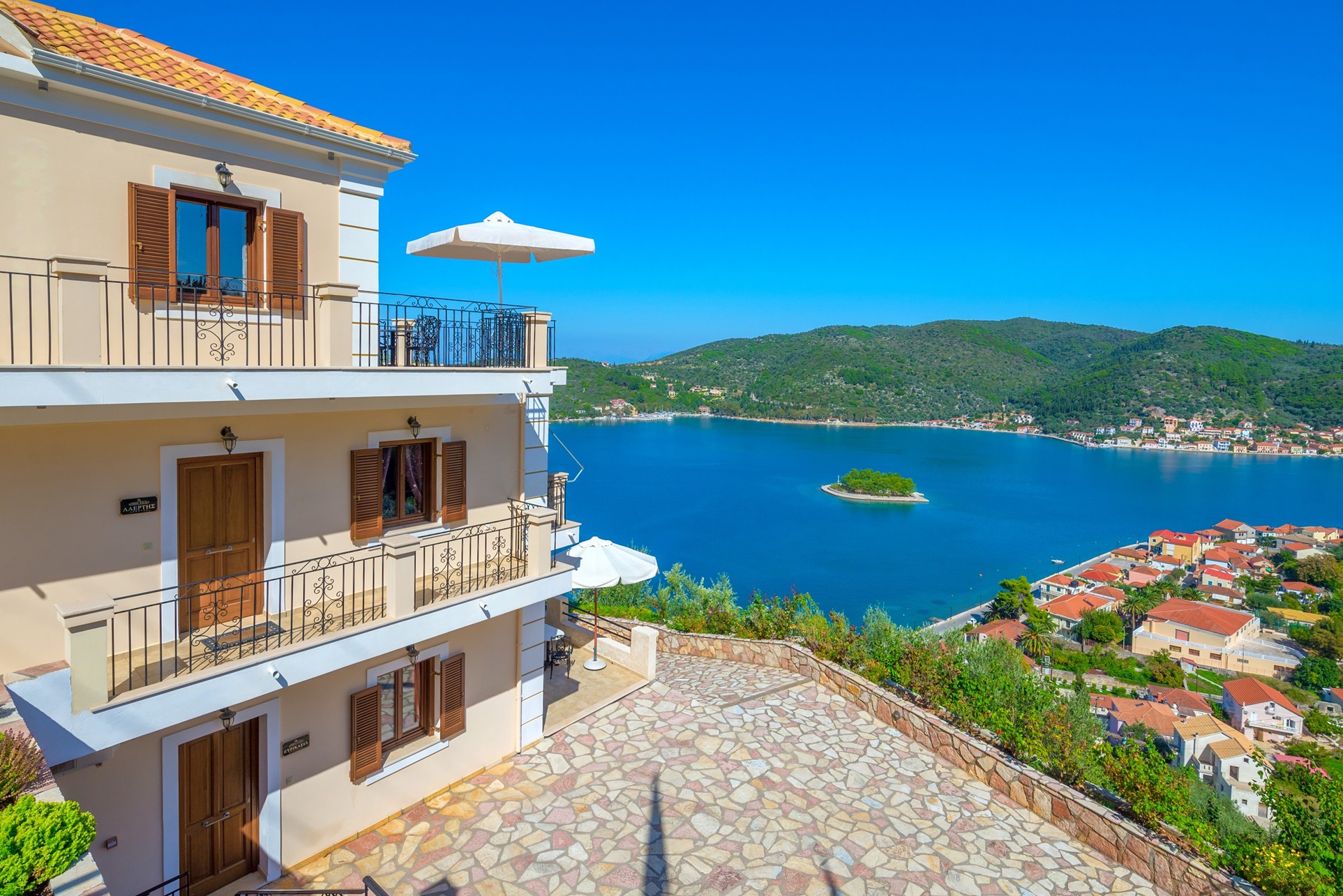 Exterior and views of apartment complex for sale in Ithaca Greece Vathi