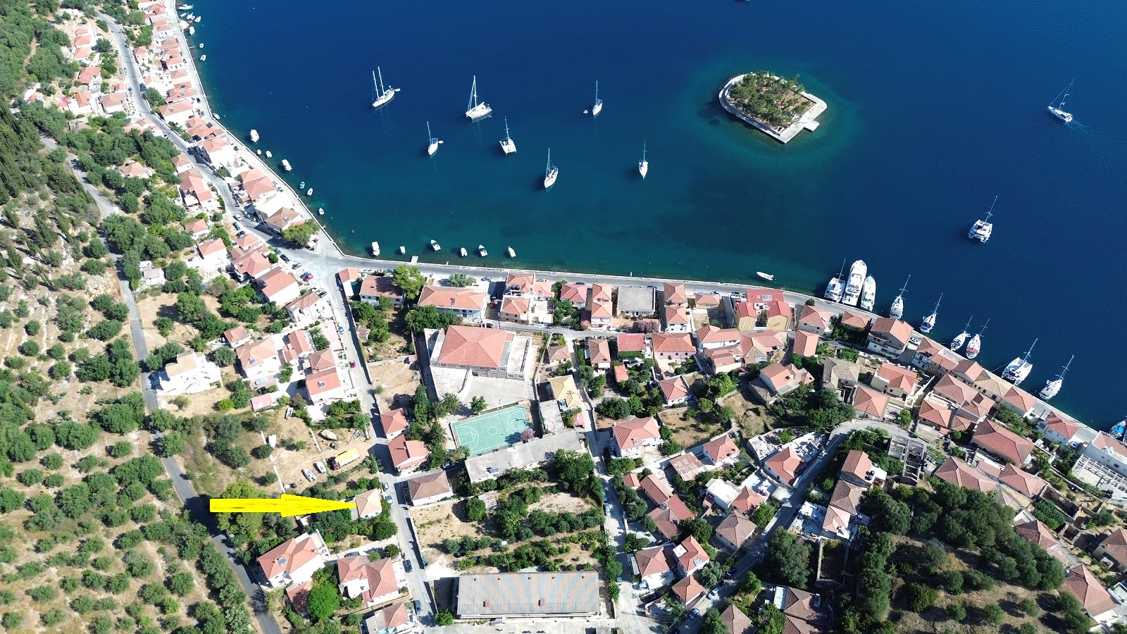 Aerial view and location of house for sale in Ithaca Greece Vathi