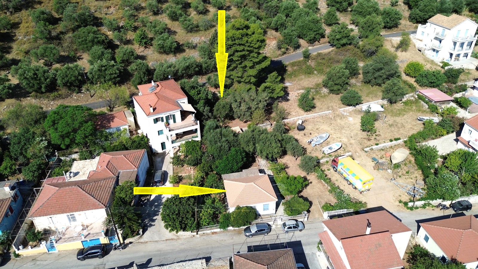 Aerial view and location of house with garden for sale in Ithaca Greece Vathi