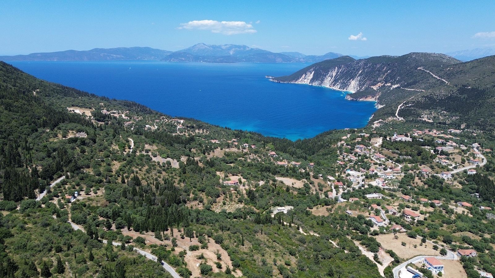 Aerial views of Afales bay from house for sale in Ithaca Greece Platrithya