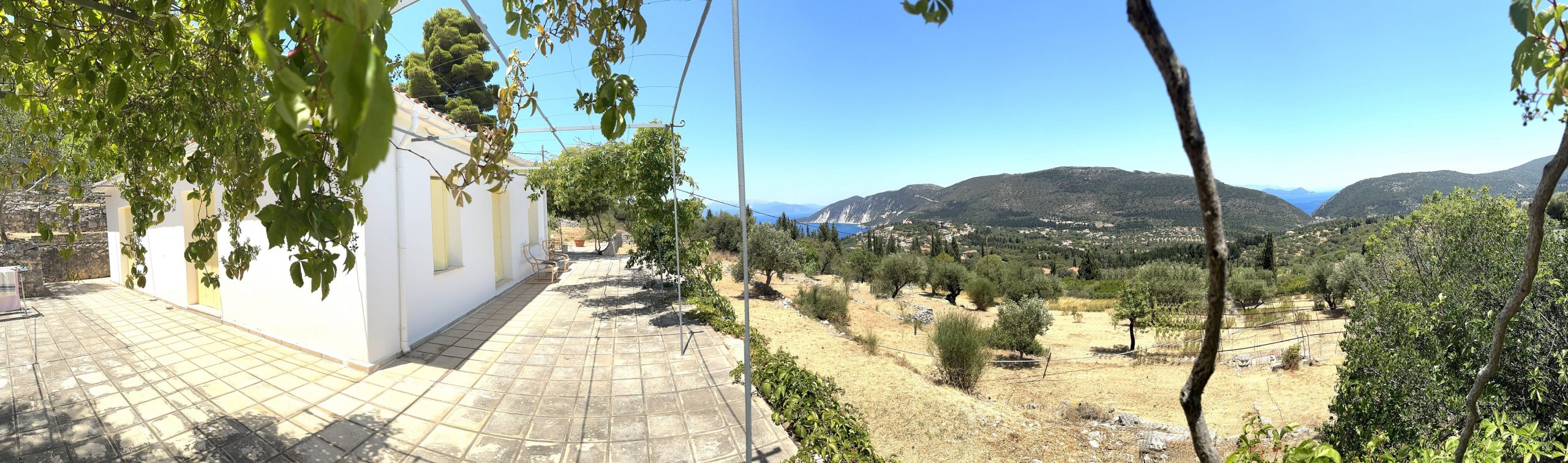 Panoramic pic with views of house for sale in Ithaca Greece Platrithya