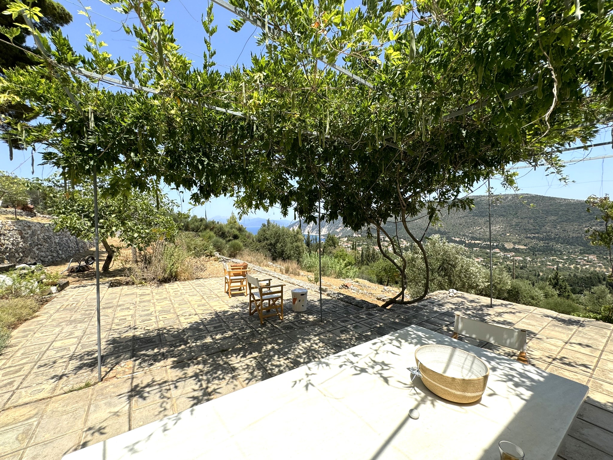 Patio and views of house for sale in Ithaca Greece Platrithya