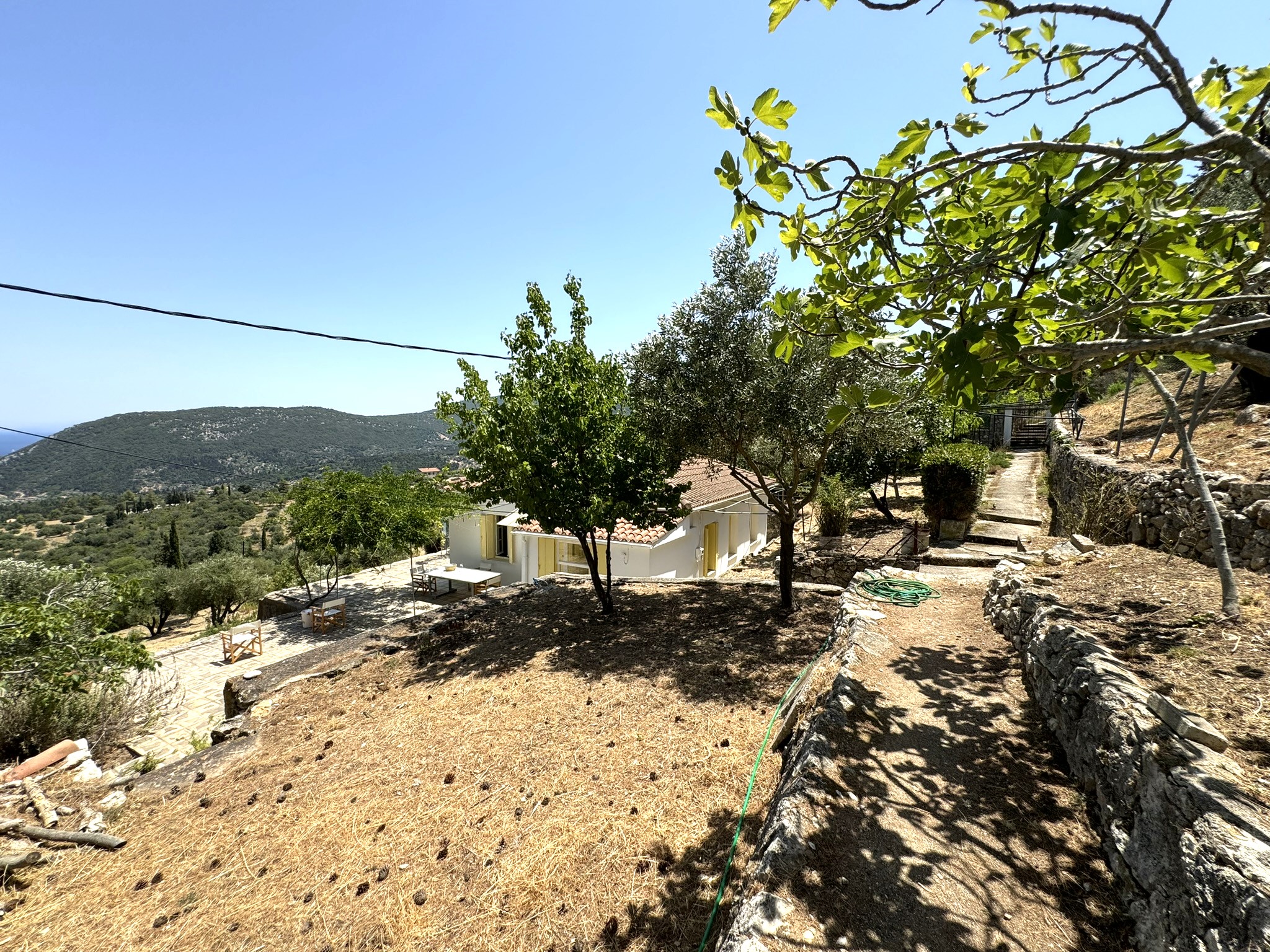 Garden and exterior of house for sale in Ithaca Greece Platrithya