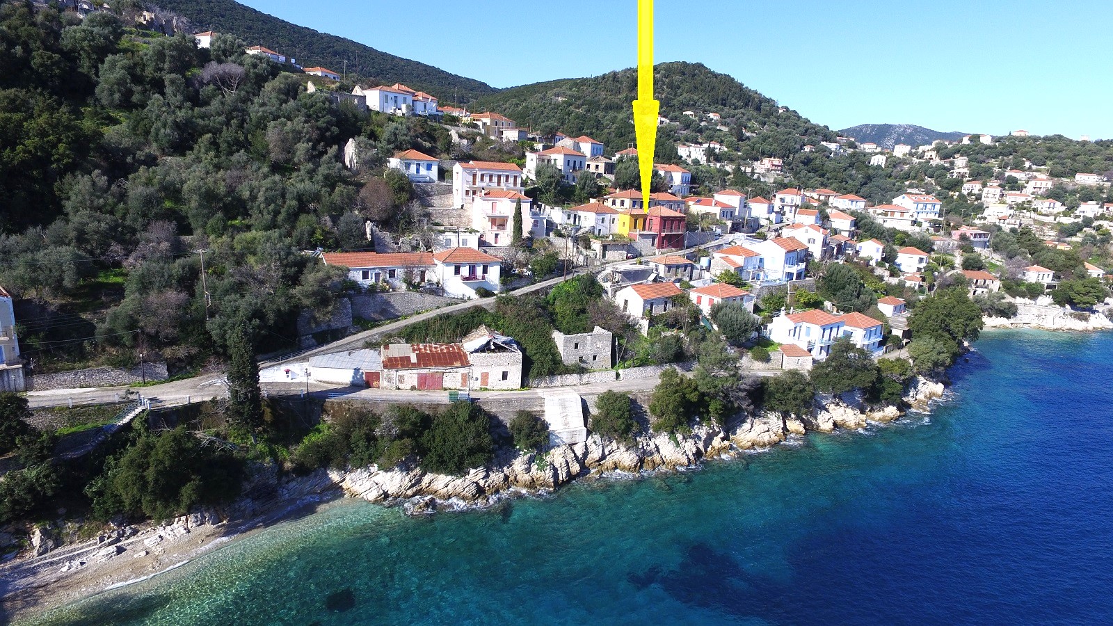 Aerial view and location of house for sale in Ithaca Greece Kioni