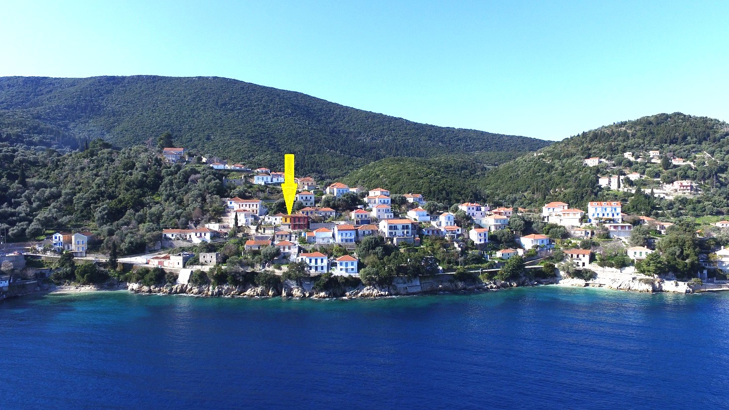 Aerial view and location of house for sale in Ithaca Greece Kioni