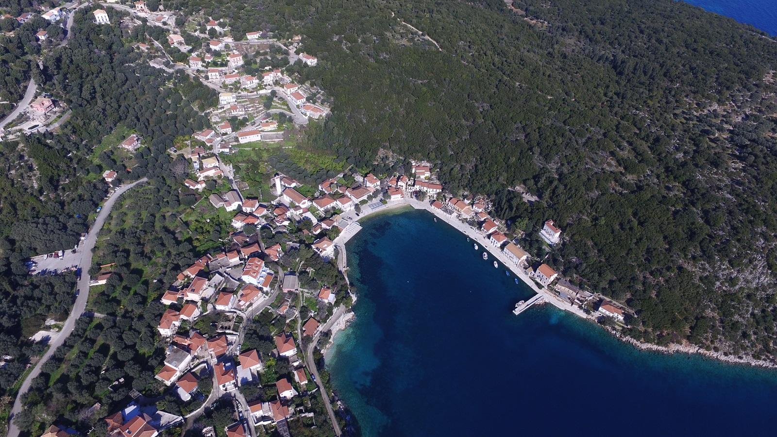 Aerial view of Kioni and house for sale in Ithaca Greece Kioni