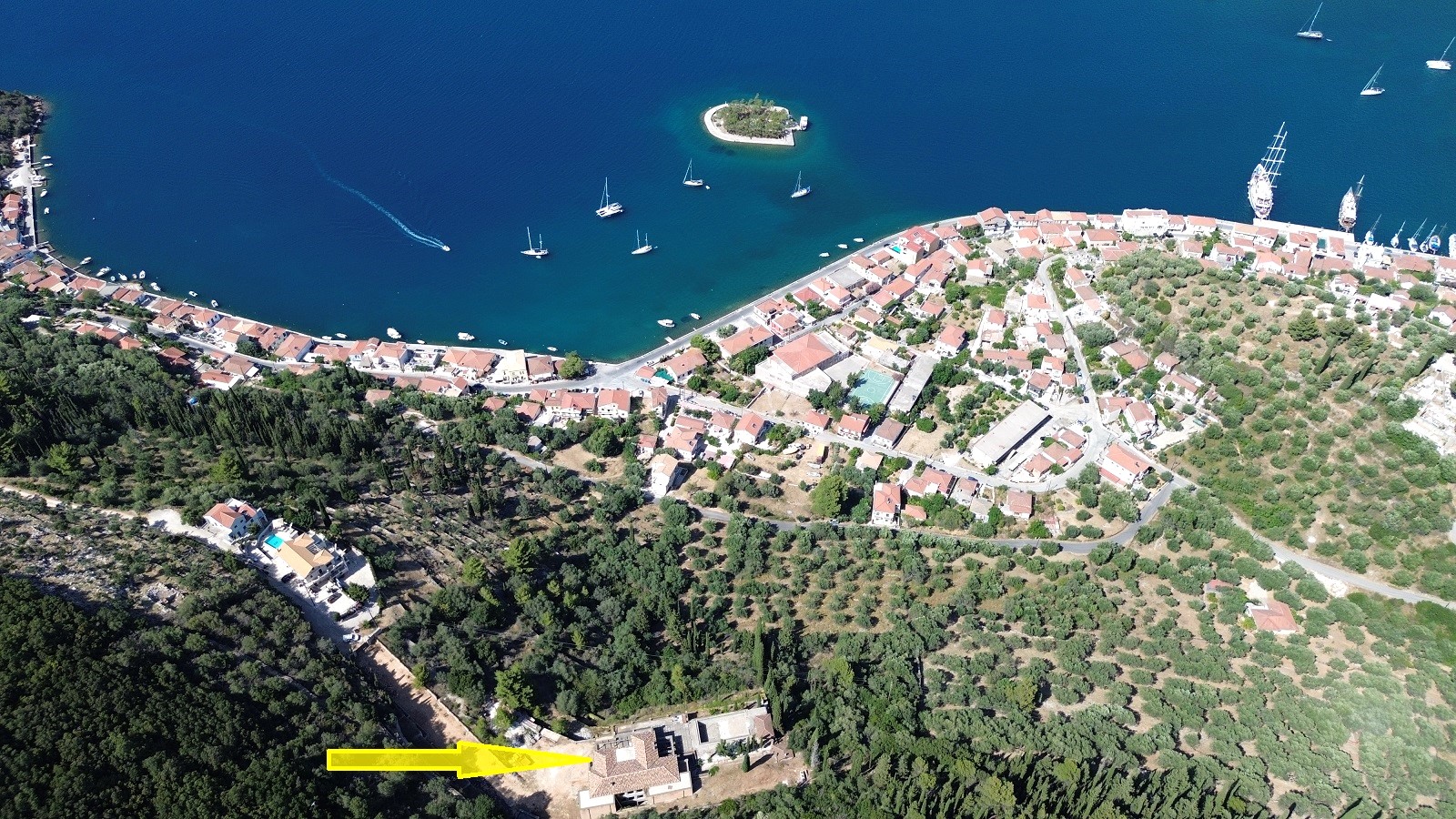 Aerial view and location of boutique hotel for sale in Ithaca Greece Vathi