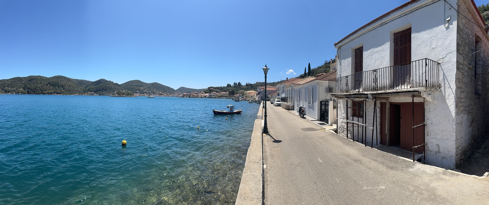 Panoramic pic of port and house for sale in Ithaca Greece Vathi