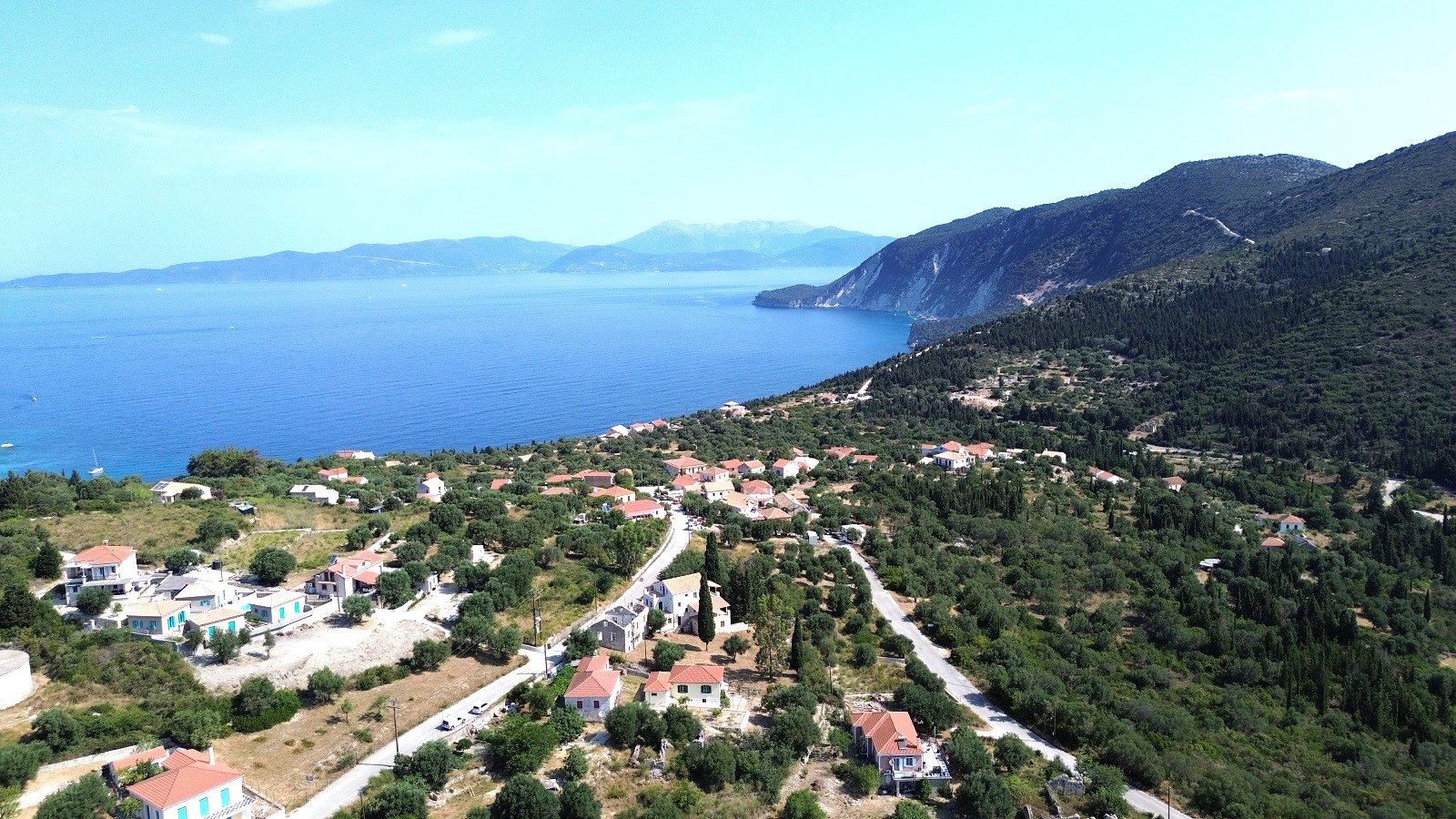 Aerial view from land for sale in Ithaca Greece Platrithya