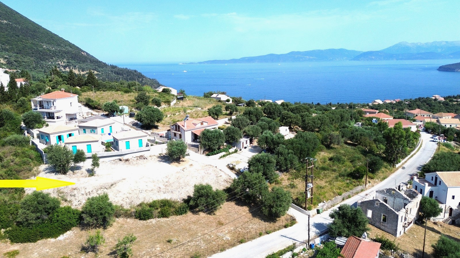 Aerial view and location of land for sale in Ithaca Greece Platrithya