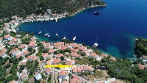 Aerial view and location of land with building license for sale in Ithaca Greece Kioni