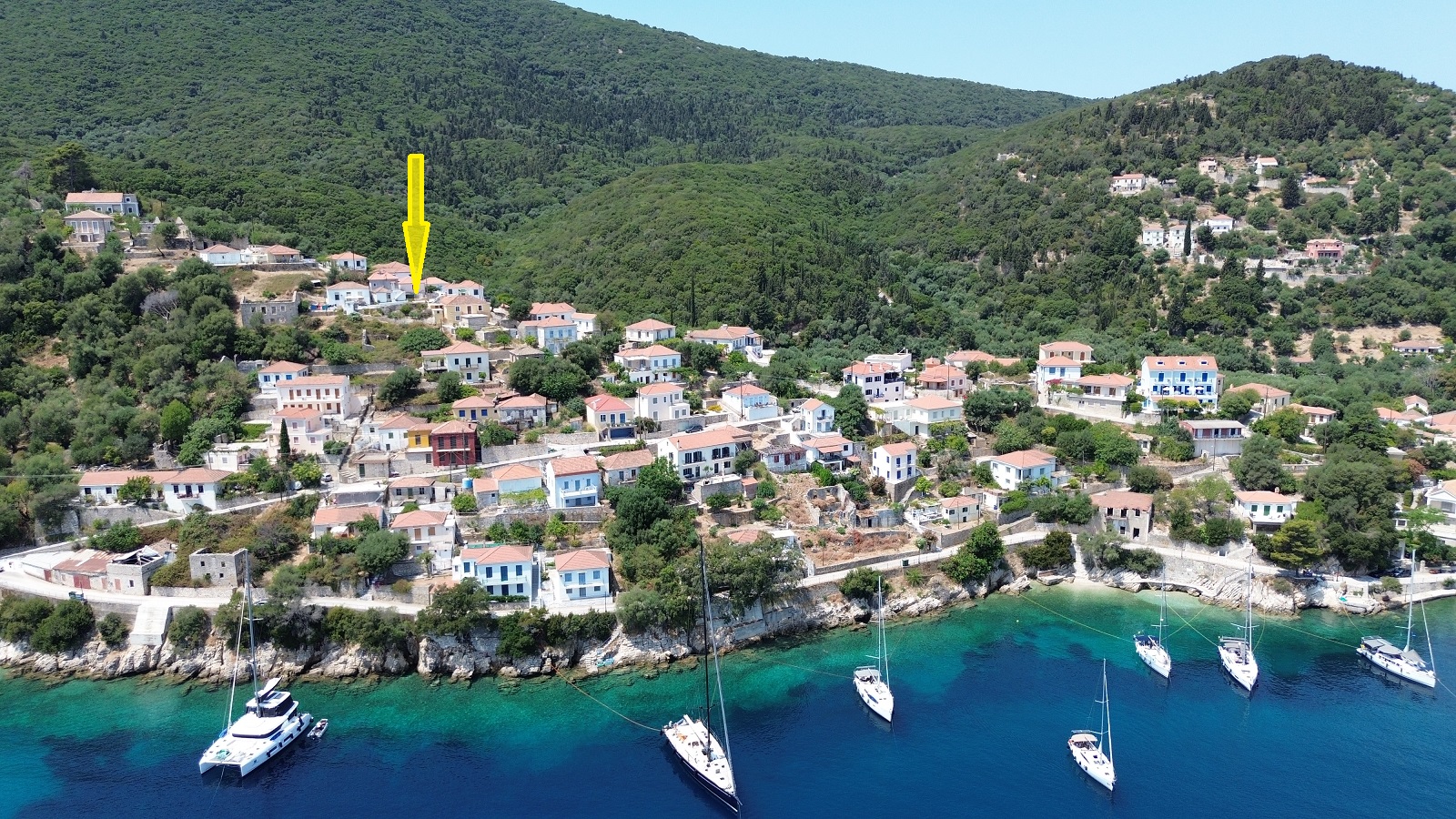 Aerial view and location of land with building license for sale in Ithaca Greece Kioni